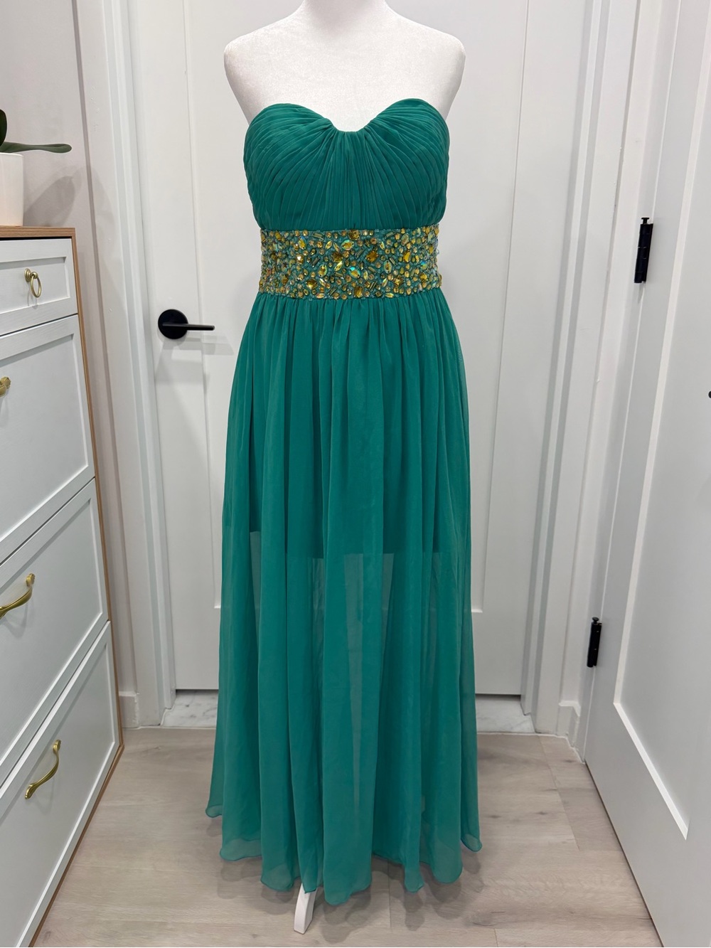 Strapless Teal Chiffon Gown with Embellished Waist
